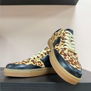 Men's Leopard Print Leather-Trim Sneakers - Brown